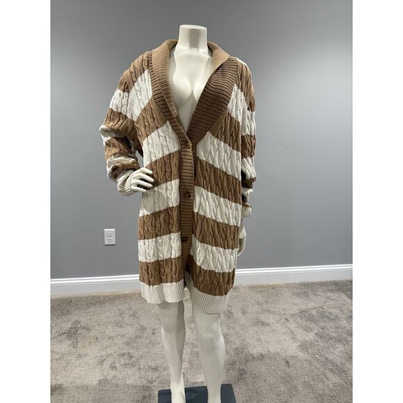 Lands End Cable Knit Cardigan Tunic Ivory Cream Beige Tan Camel size XL Tall - Picture 1 of 10